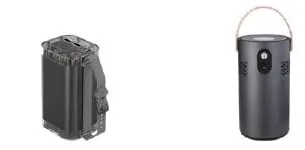 Two portable power stations, a dark rectangular unit and a cylindrical unit with carry handle, on white background
