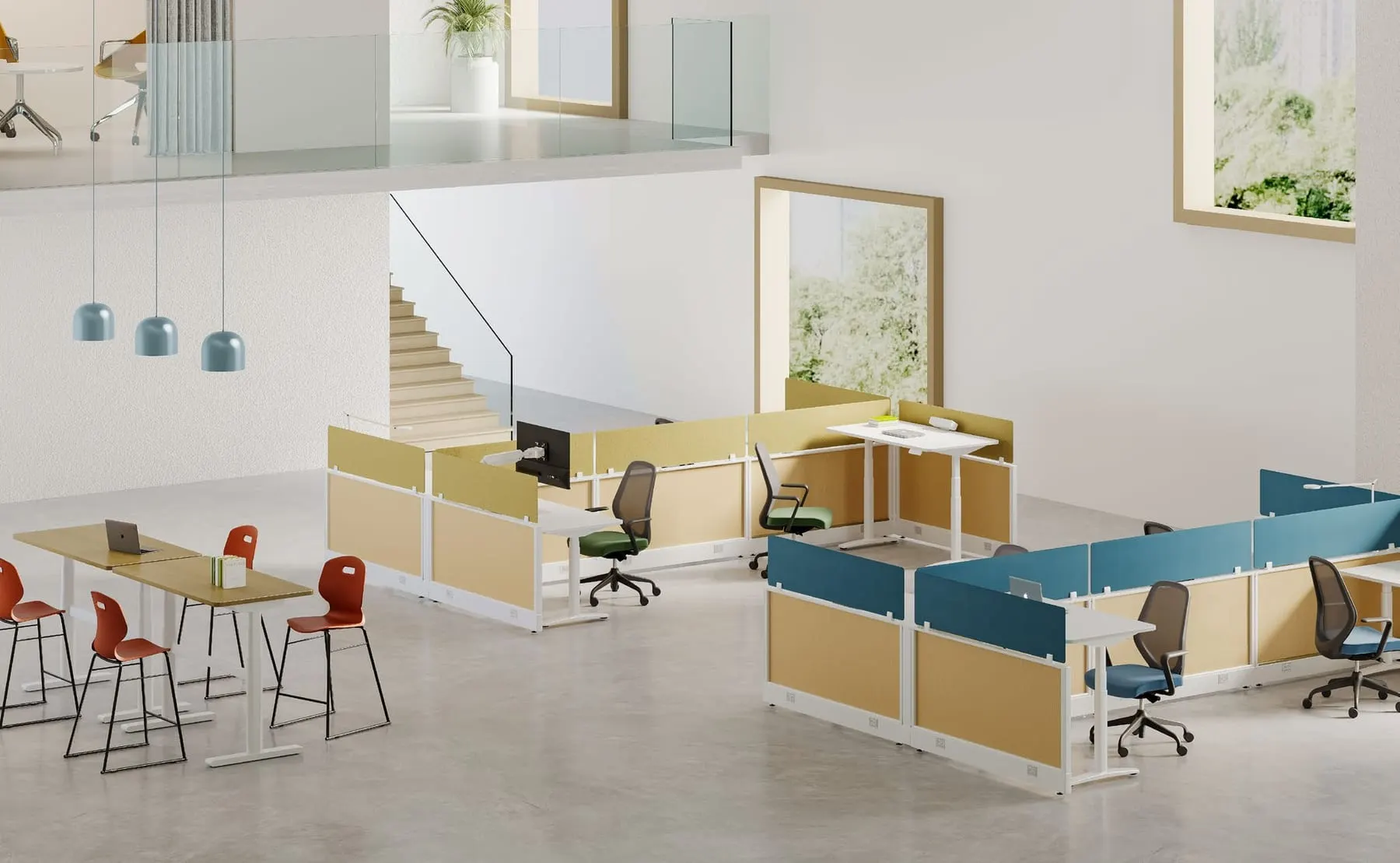 Low fabric-screened desk clusters with sit-stand workstations in yellow and blue, seen from above in an atrium office