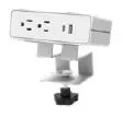White clamp-mounted desk power module with outlets and USB ports on a C-clamp bracket, plain background
