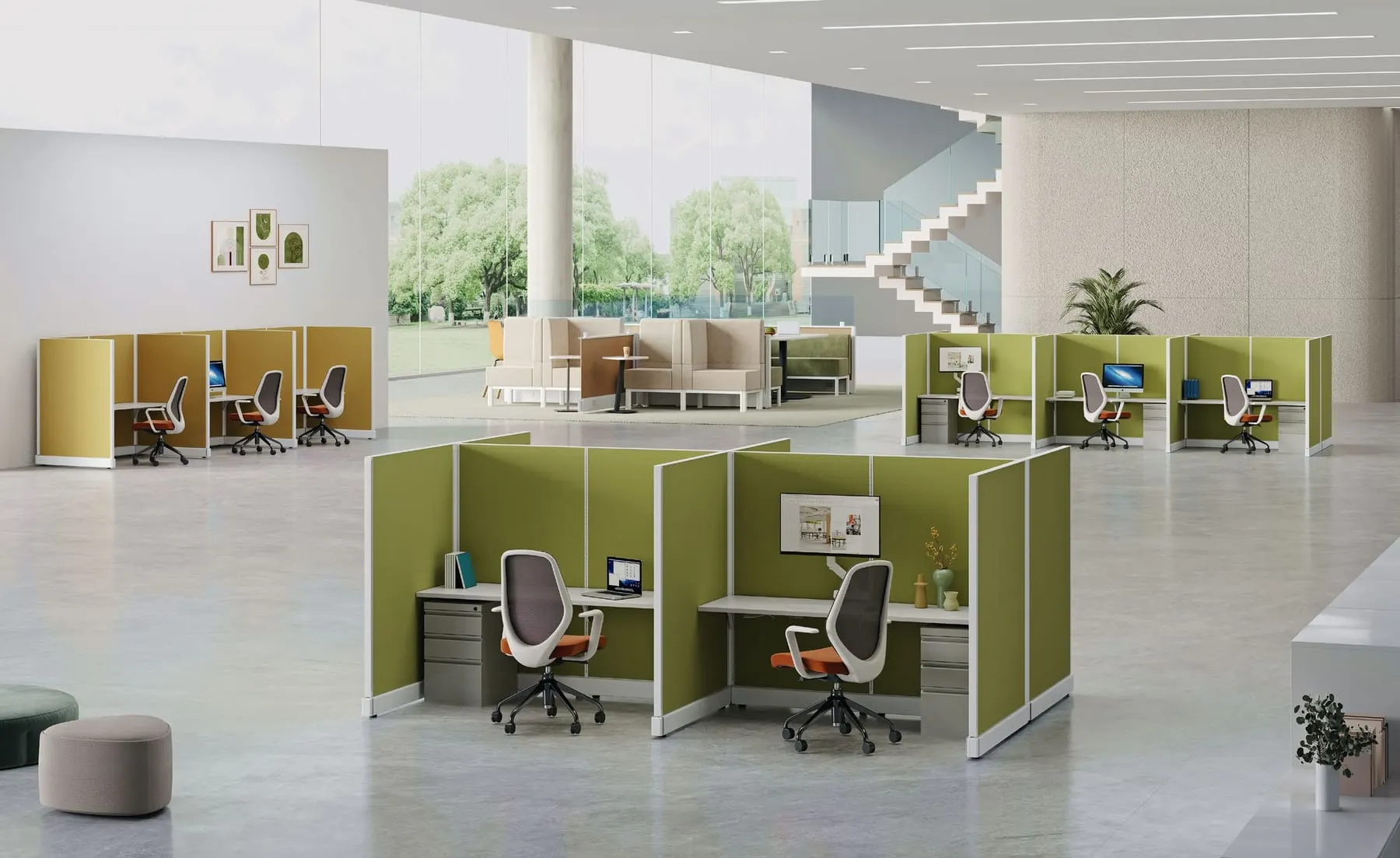 Olive-green cubicle workstations with grey pedestals and mesh task chairs in a wide open-plan atrium office