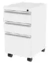 White three-drawer mobile file pedestal on casters with lock, shown on a plain background