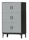 Tall grey-fronted six-door storage cabinet with black frame and slim black legs on a plain background