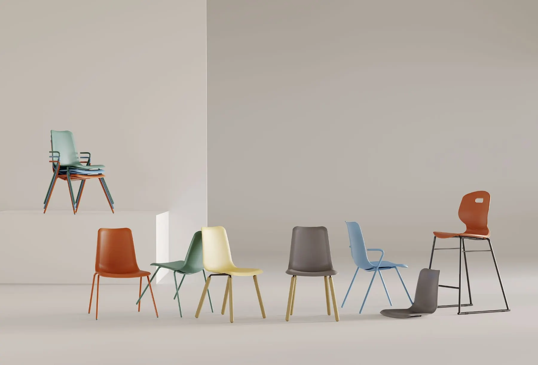 Lineup of shell chairs in orange, sage, cream, grey and blue with metal and wood legs