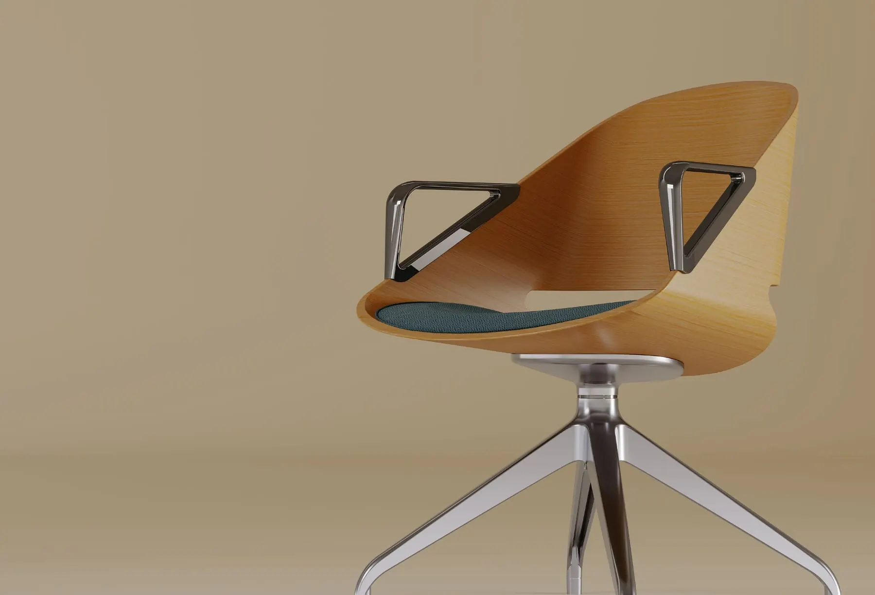 Swivel chair with oak veneer shell, dark teal seat pad, chrome triangular arms and four-star base