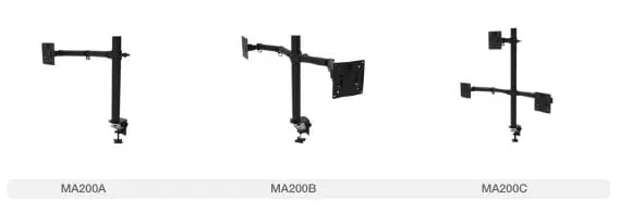 Dark pole-mounted dual monitor arm with horizontal arms and clamp power unit on an oak sit-stand desk