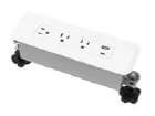 White under-lip mounted desktop power strip with outlets and USB port and black thumbscrew clamps