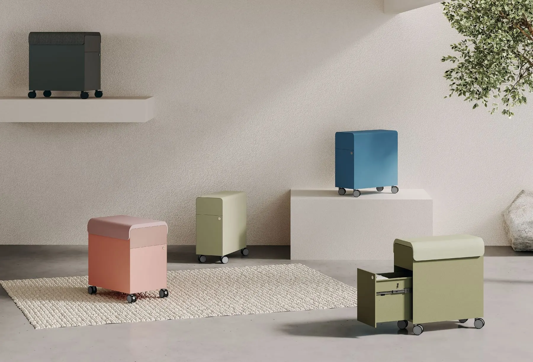 Arched-top mobile pedestals in green, pink, blue and olive on casters, one with open drawer