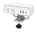 White clamp-on desktop power unit with multiple outlets and USB ports, shown on a plain background