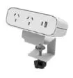 White clamp-mounted desk power unit with angled outlet face and USB ports on a C-clamp bracket