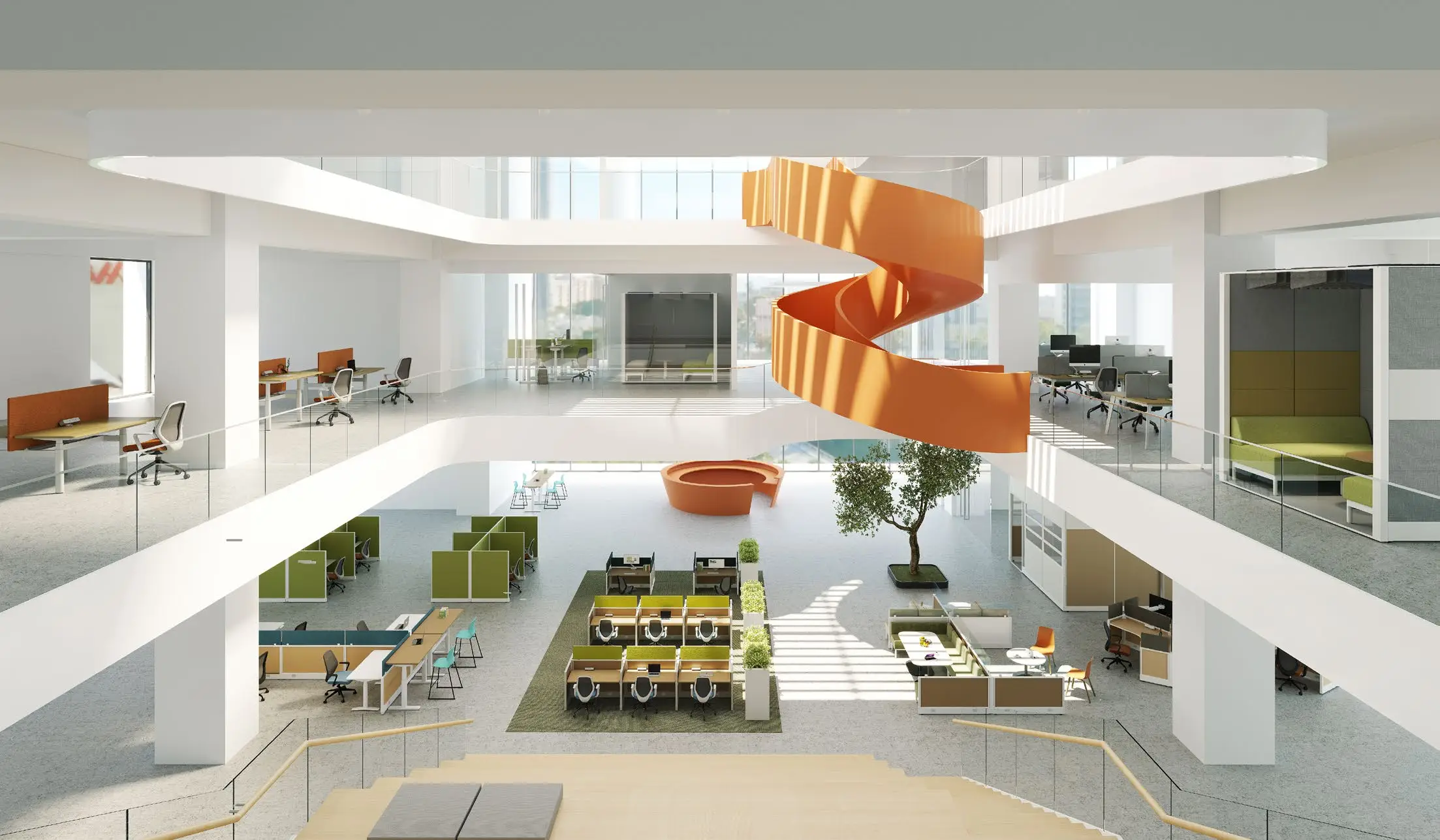 Open-plan office furnished with Omni workstations, task chairs and desk power